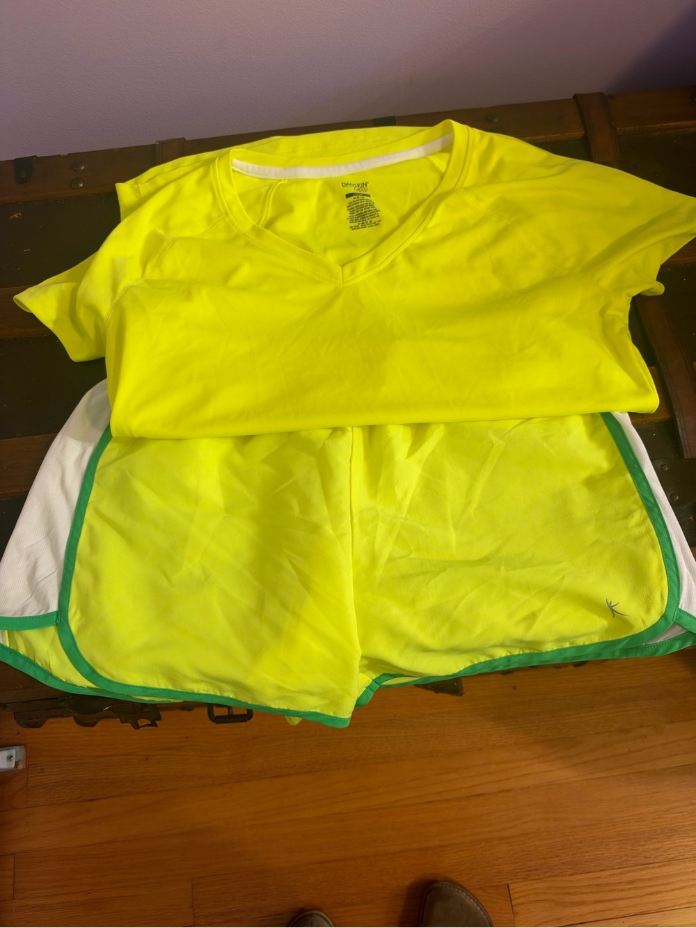 Danskin Neon Yellow Active Tee and Shorts Set with Green Trim